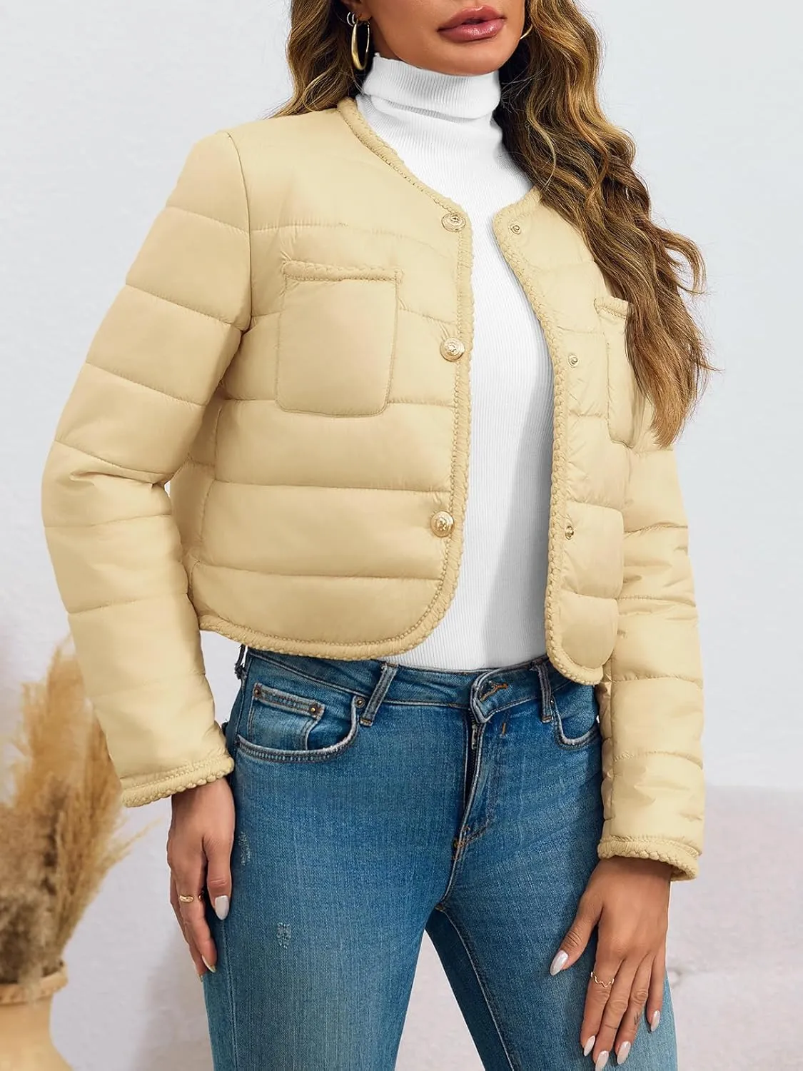 Cicy Bell Womens Cropped Puffer Jackets Quilted Lightweight Collarless Button Down Warm Winter Coats with Pockets