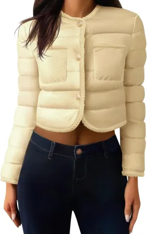 Cicy Bell Womens Cropped Puffer Jackets Quilted Lightweight Collarless Button Down Warm Winter Coats with Pockets
