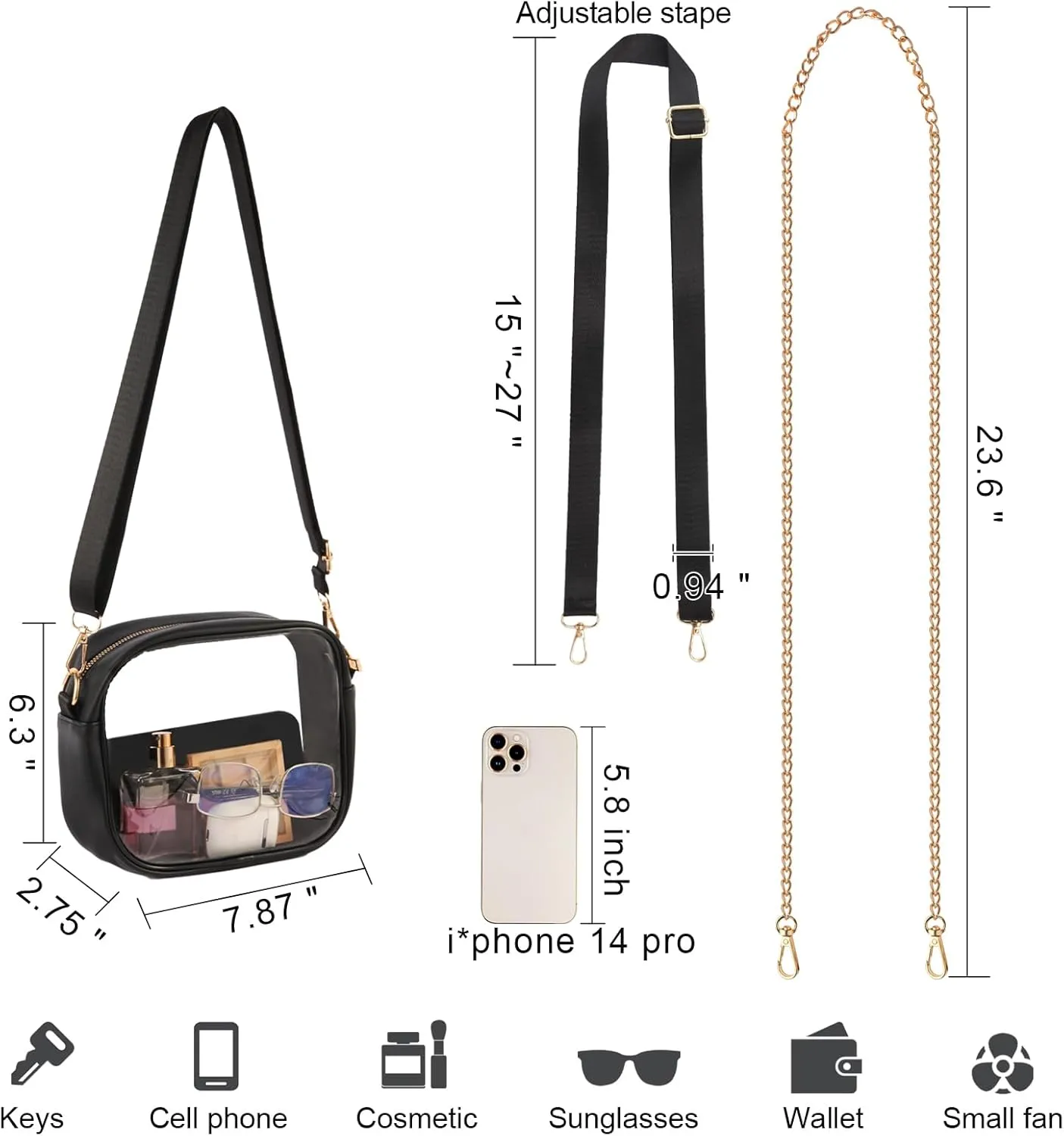 Clear Bag Stadium Approved, Clear Crossbody Bag for Stadium Events & Concert with Two Detachable Straps