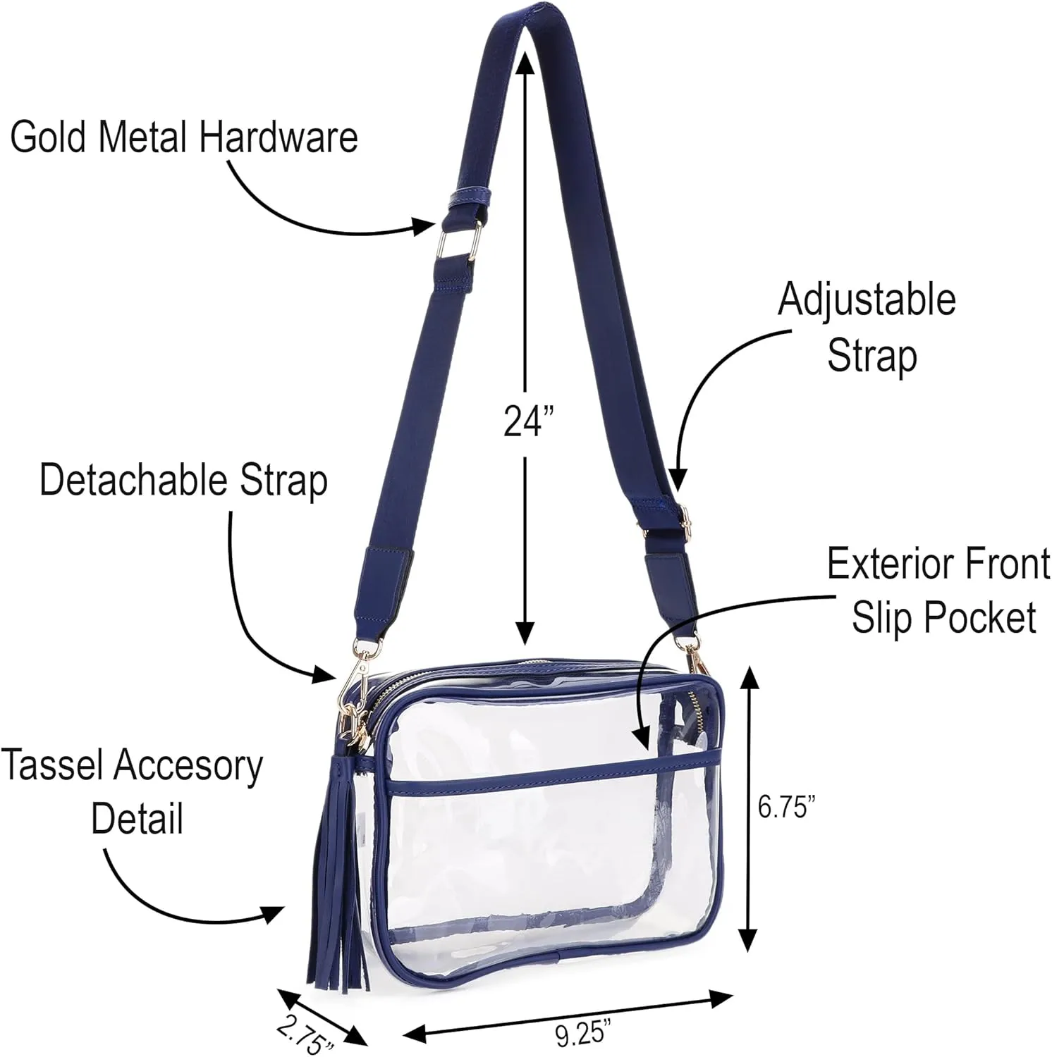 Clear Transparent Crossbody Bag for Stadium Approved Concert Events with Adjustable and Detachable Strap and Tassel