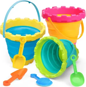 Collapsible Bucke Beach Bucket with Rake Spade Sifter Sandbox Toys for Kid Adult, Foldable Sand Pail Shovel Castle Mold Garden Tool Kits for Digging Camping Fishing Travel Toy