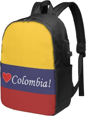 Colombian Colombia Flag Travel Backpack 17-Inch Laptop Backpacks Business Rucksack Casual Sport Daypack with USB Charging Port Carry-on Bag for Camping Biking