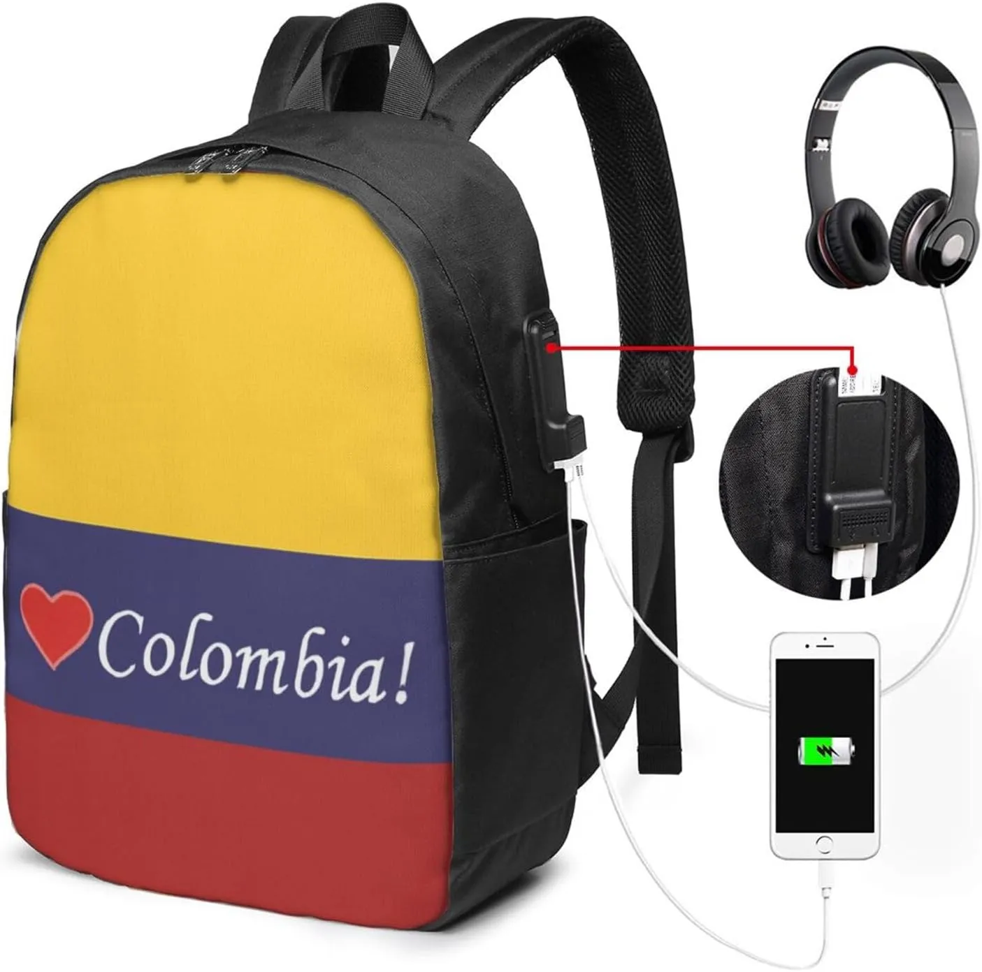 Colombian Colombia Flag Travel Backpack 17-Inch Laptop Backpacks Business Rucksack Casual Sport Daypack with USB Charging Port Carry-on Bag for Camping Biking