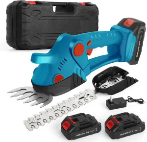 Cordless Grass Shears,2-in-1 Mini Hedge Trimmer,21V Handheld Grass Trimmer,Grass Trimmer with 2Pcs 1500mAh Batteries and Charger ＆Toolbox Electric Grass Shears for Garden, Lawn (Blue)