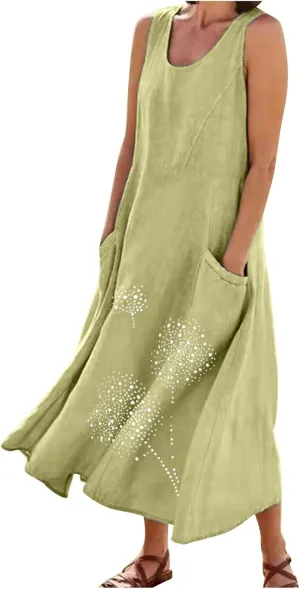Cotton Linen Dresses for Women 2024 Casual Sleeveless Summer Dresses Casual Crewneck Maxi Dress Trendy Summer Beach Outfits