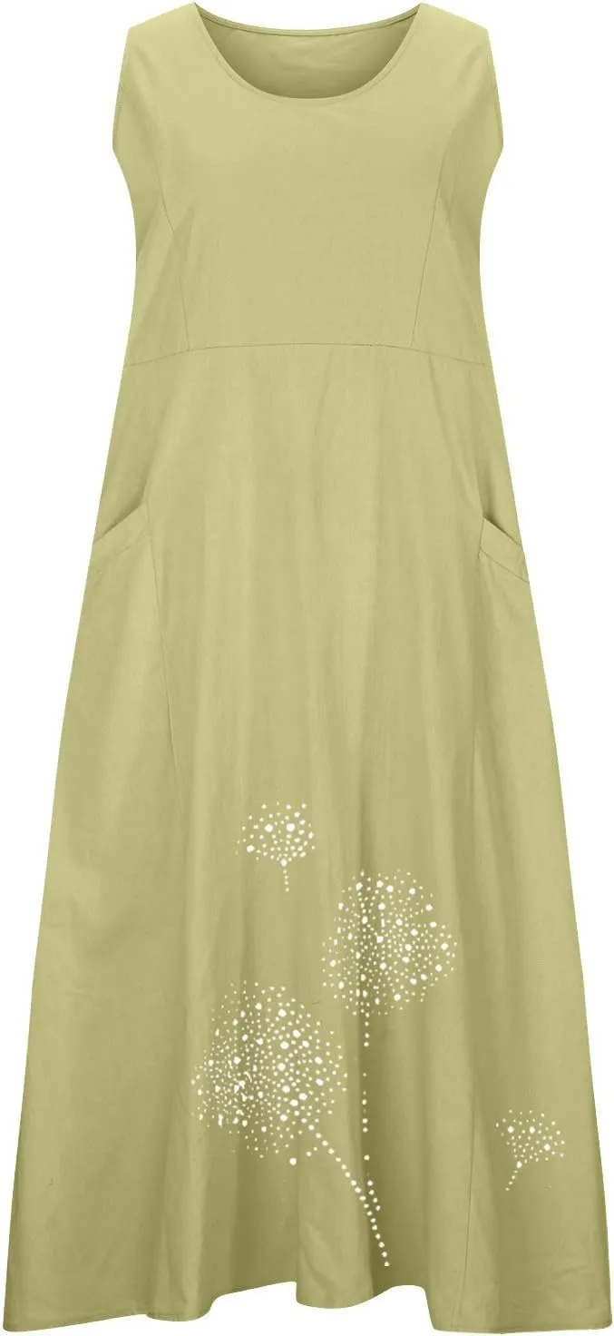 Cotton Linen Dresses for Women 2024 Casual Sleeveless Summer Dresses Casual Crewneck Maxi Dress Trendy Summer Beach Outfits