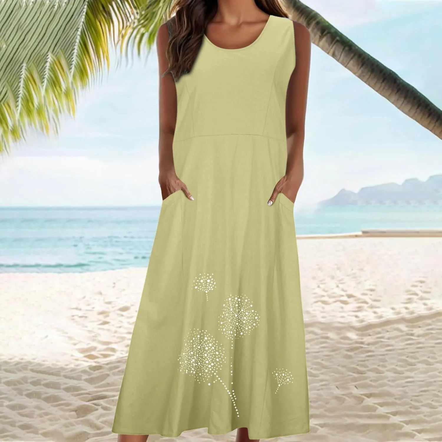 Cotton Linen Dresses for Women 2024 Casual Sleeveless Summer Dresses Casual Crewneck Maxi Dress Trendy Summer Beach Outfits