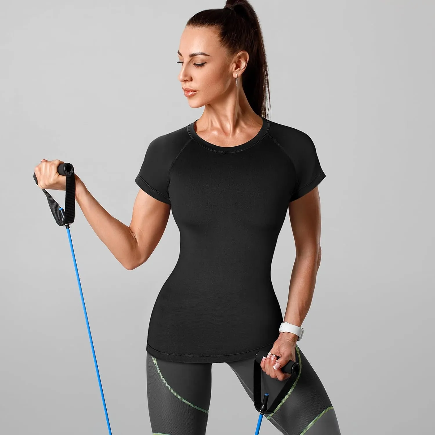 Coume 5 Pack Women's Compression Shirts Short Sleeve Workout Tops Dry Fit Crew Neck Athletic T Shirts Yoga Running Tight Tee