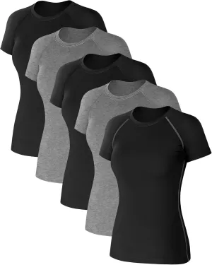 Coume 5 Pack Women's Compression Shirts Short Sleeve Workout Tops Dry Fit Crew Neck Athletic T Shirts Yoga Running Tight Tee