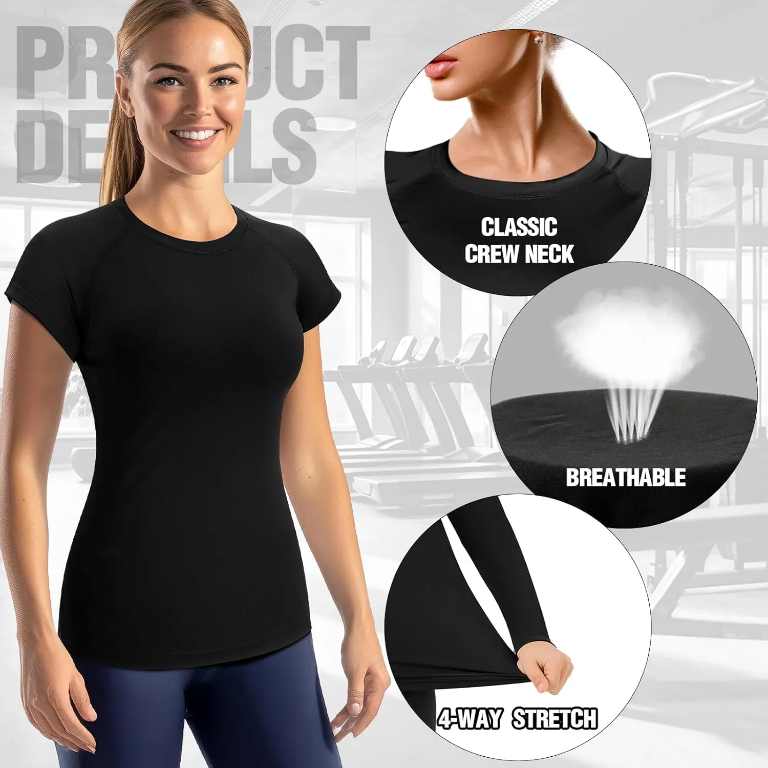 Coume 5 Pack Women's Compression Shirts Short Sleeve Workout Tops Dry Fit Crew Neck Athletic T Shirts Yoga Running Tight Tee