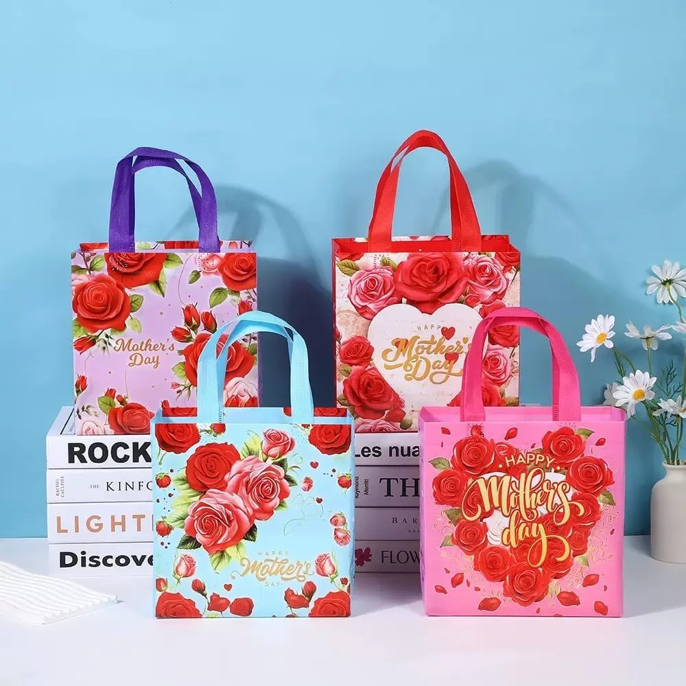 COVYOONG 12pcs Floral Mother's Day Gift Bags – Reusable Non-Woven Tote with Blooming Flower Patterns,Gift Bag for Women,9.1 * 8.6 * 4.3inches