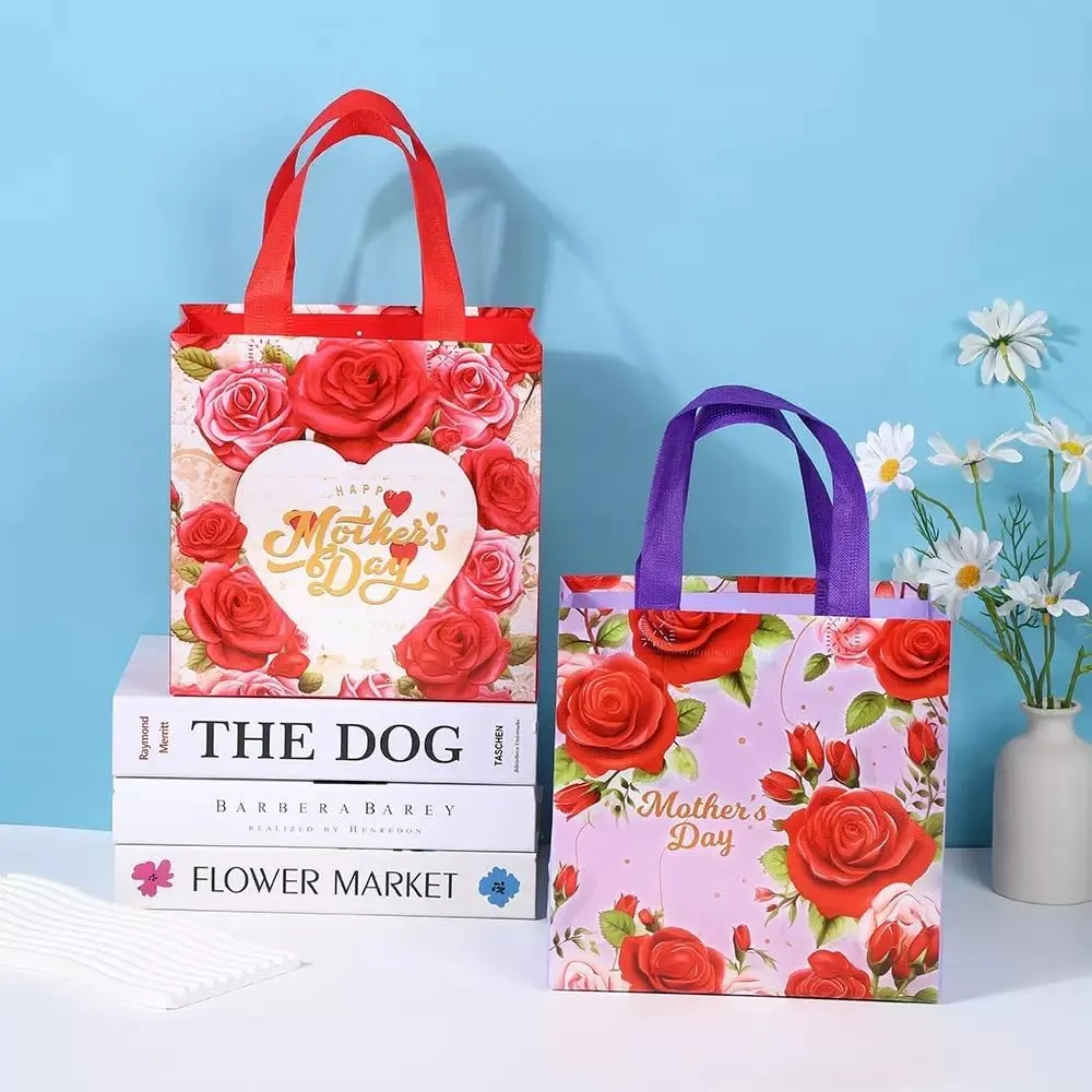 COVYOONG 12pcs Floral Mother's Day Gift Bags – Reusable Non-Woven Tote with Blooming Flower Patterns,Gift Bag for Women,9.1 * 8.6 * 4.3inches
