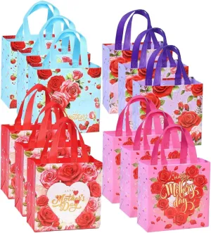 COVYOONG 12pcs Floral Mother's Day Gift Bags – Reusable Non-Woven Tote with Blooming Flower Patterns,Gift Bag for Women,9.1 * 8.6 * 4.3inches
