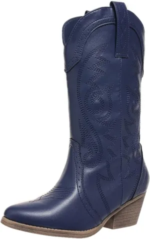 Cowboy Boots for Women Wide Calf Cowgirl Boots Pointed Toe Embroidery Stitched Fashion Western Boot Mid-Calf with Pull-on Tabs, US Size 5-11