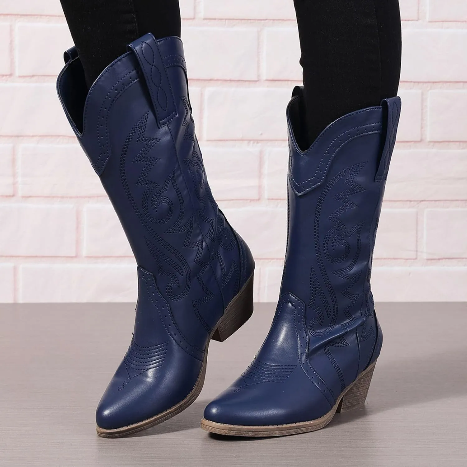 Cowboy Boots for Women Wide Calf Cowgirl Boots Pointed Toe Embroidery Stitched Fashion Western Boot Mid-Calf with Pull-on Tabs, US Size 5-11