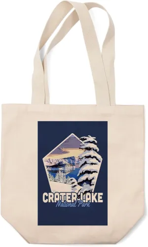 Crater Lake National Park, Oregon, Winter Scene, Painterly Series, (100% Cotton Canvas Reusable Tote Bag)