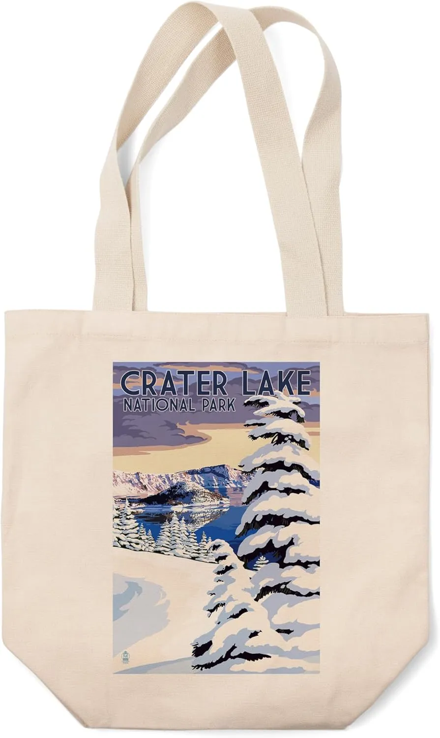 Crater Lake National Park, Oregon, Winter Scene, Painterly Series (100% Cotton Canvas Reusable Tote Bag)