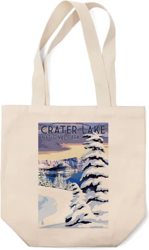 Crater Lake National Park, Oregon, Winter Scene, Painterly Series (100% Cotton Canvas Reusable Tote Bag)