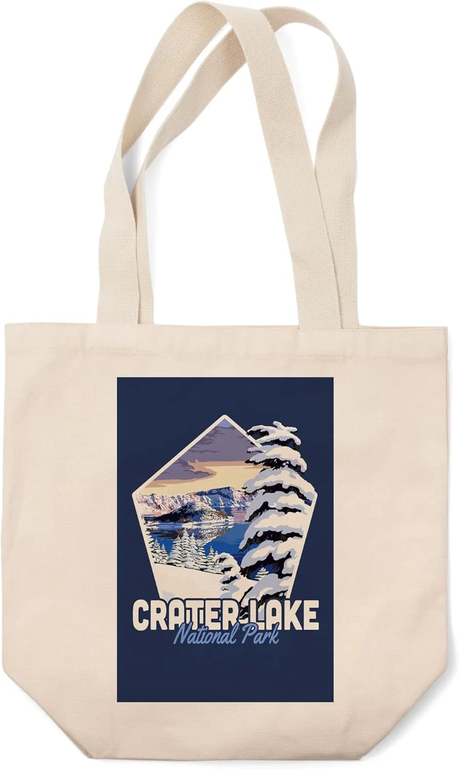 Crater Lake National Park, Oregon, Winter Scene, Painterly Series, (100% Cotton Canvas Reusable Tote Bag)