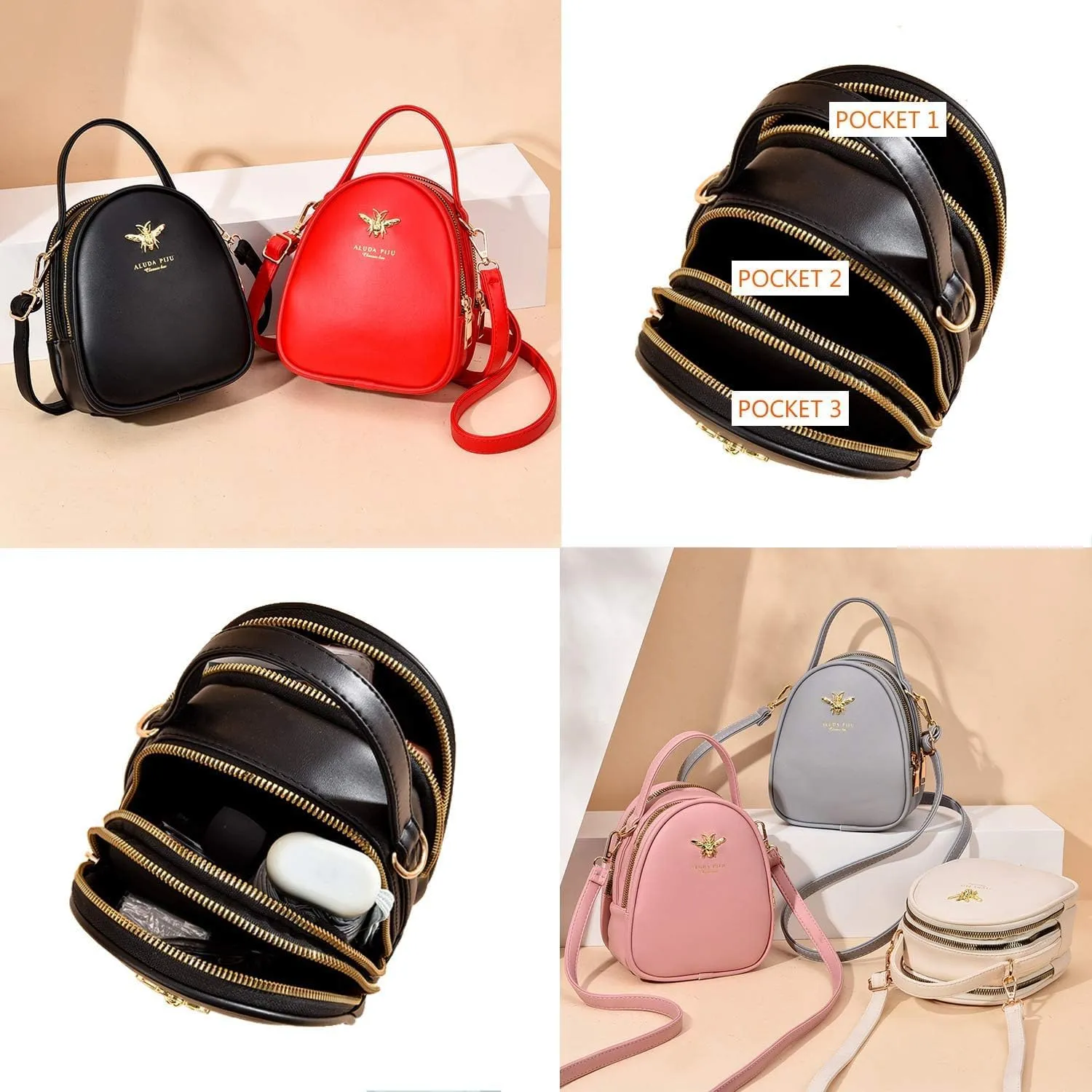 Crossbody Bags for Women, Small PU Leather Shoulder Bag with 3 Zipper Pockets,Cell Phone Wallet, Stylish Messenger Purse