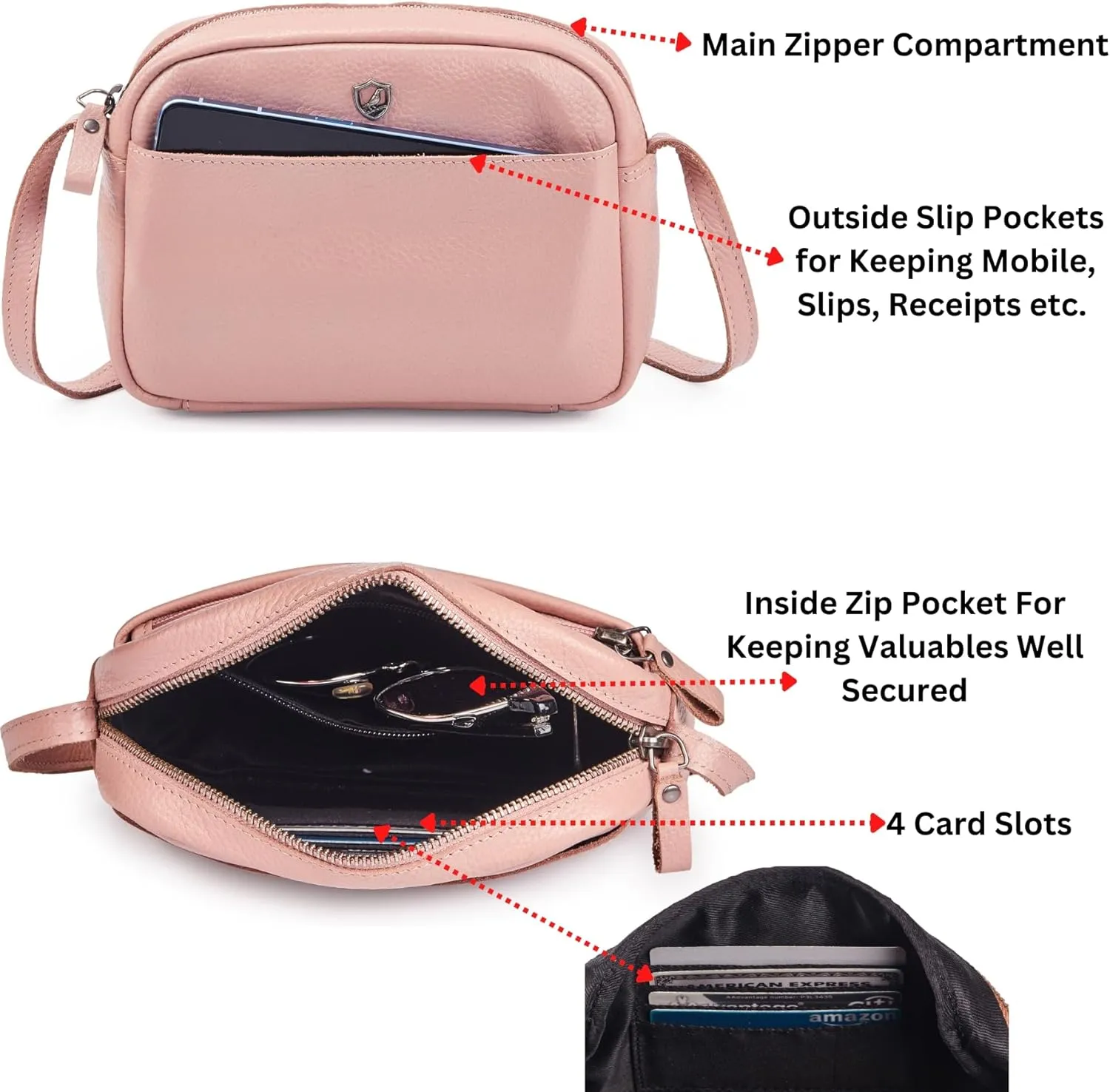 Crossbody Sling Bag for Women Trendy Real Leather Purse Mini Soft Pebbled Crossover with Card Case