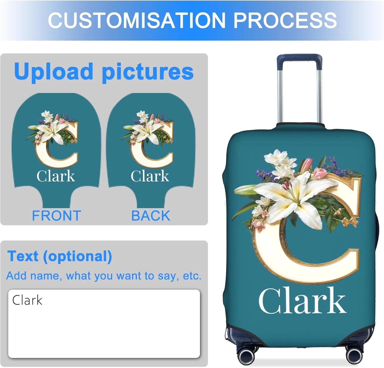 Custom Luggage Cover Personalized Suitcase Cover Add Your Name Photo Text Logo Double Sided Design Customized Elastic Protector Washable luggage cover protector for Travel（S-XL） (Alphabet, M)