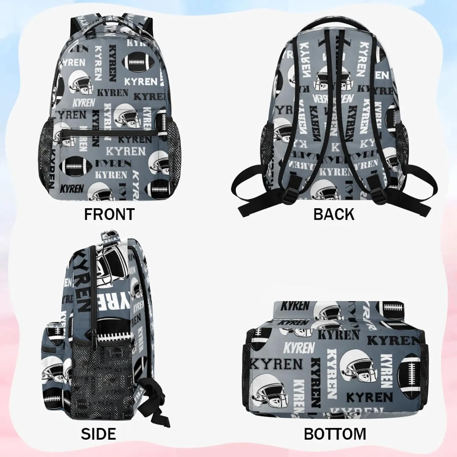 Custom Name Football Backpack for Men Women, Personalized Sports Bag Backpack, Laptop Backpacks Daypack for Travel Camping, Black Grey
