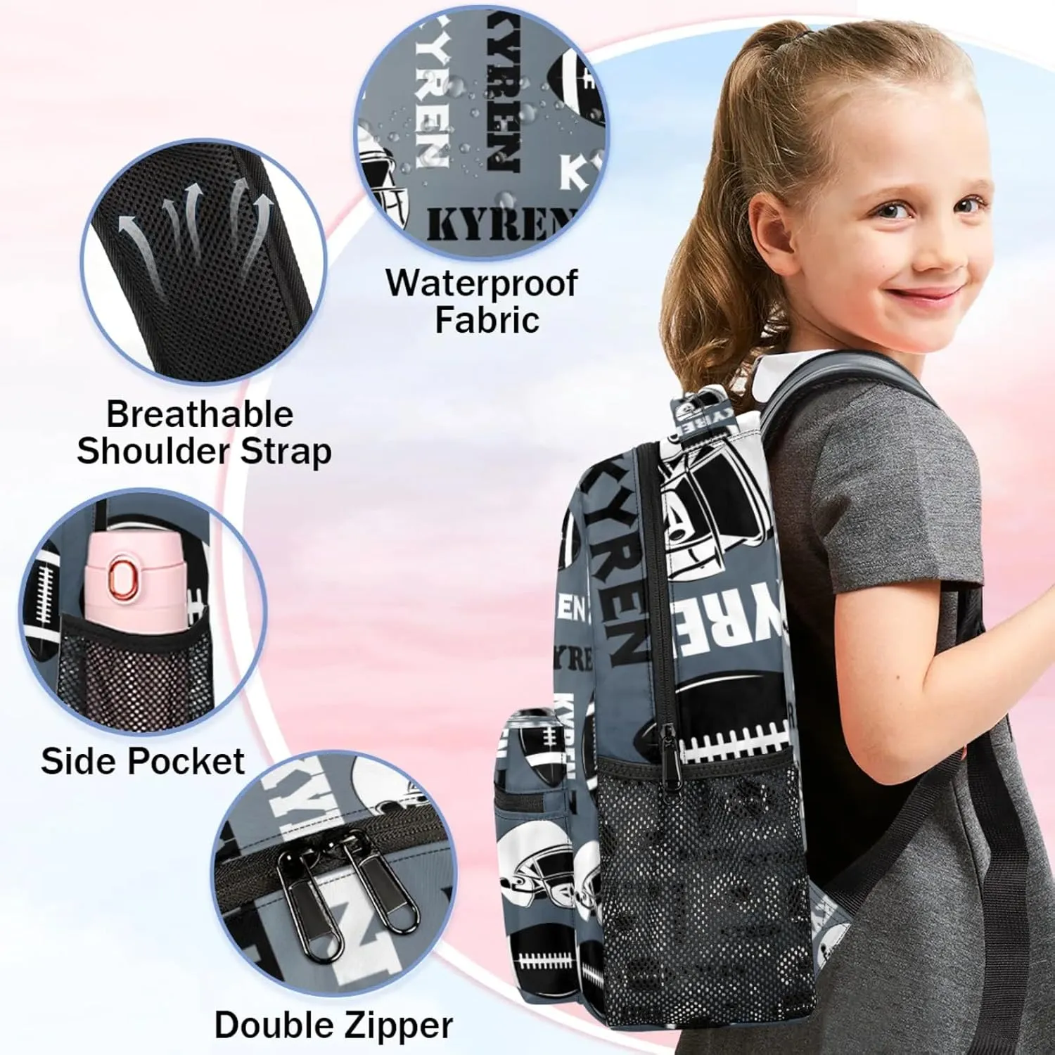 Custom Name Football Backpack for Men Women, Personalized Sports Bag Backpack, Laptop Backpacks Daypack for Travel Camping, Black Grey