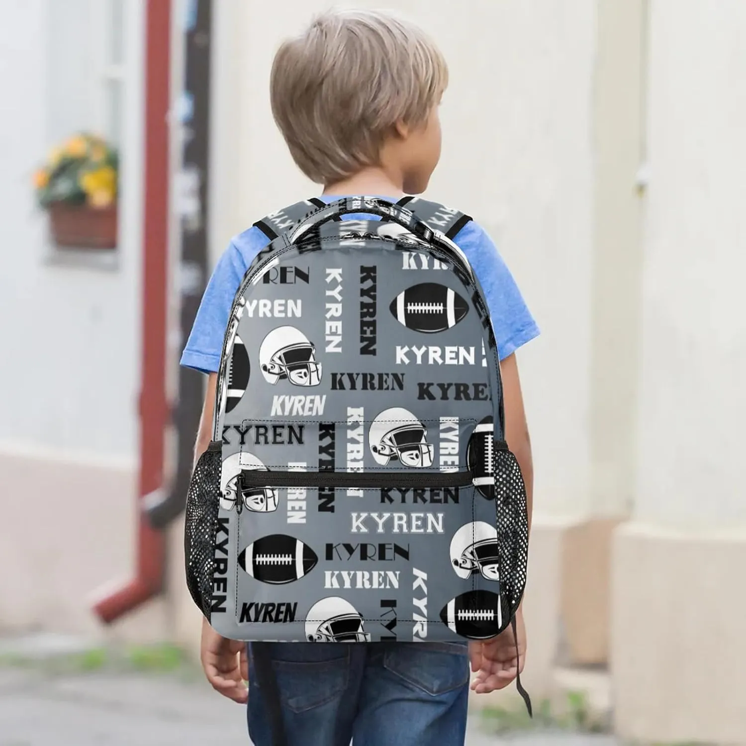 Custom Name Football Backpack for Men Women, Personalized Sports Bag Backpack, Laptop Backpacks Daypack for Travel Camping, Black Grey