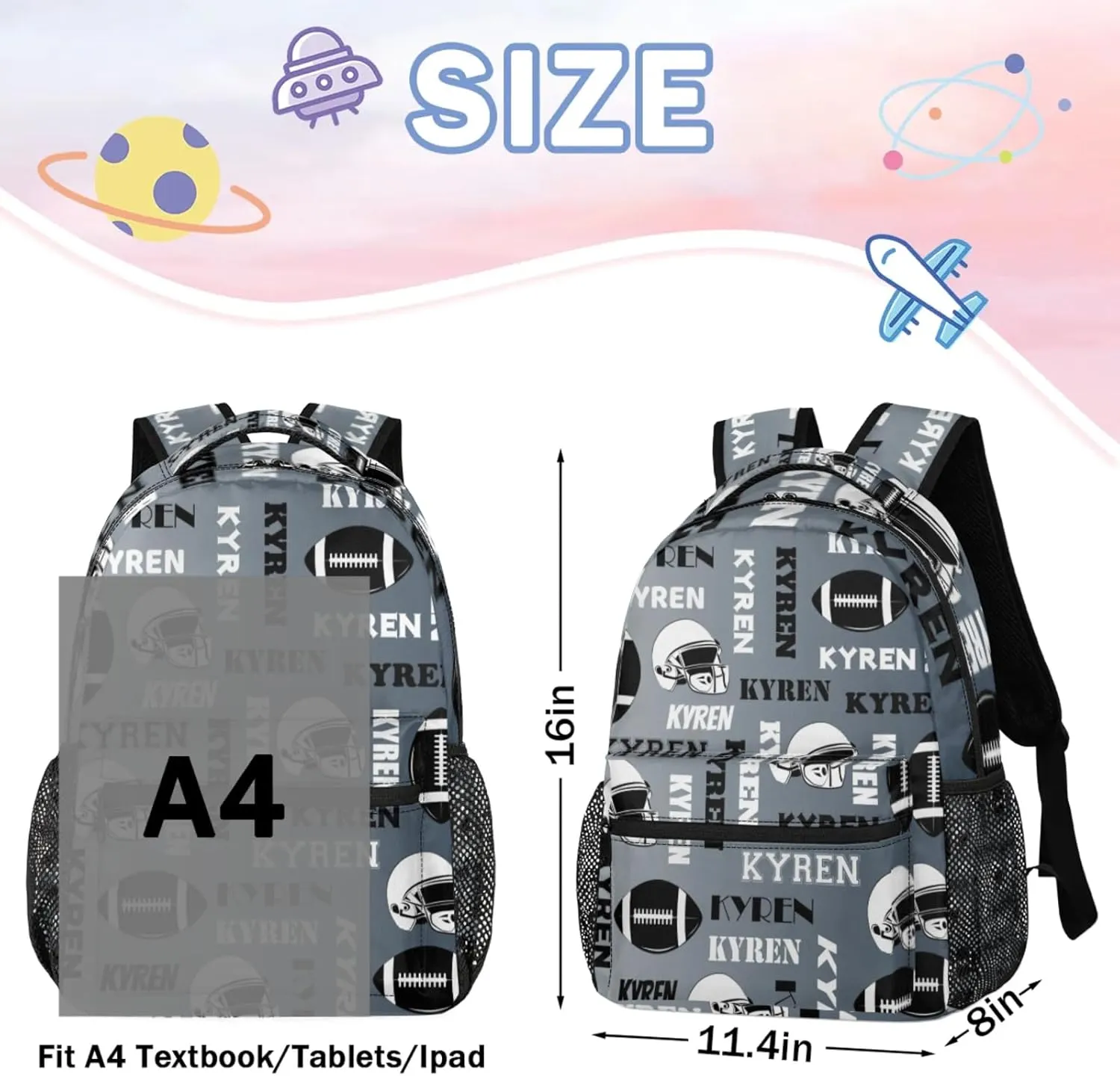 Custom Name Football Backpack for Men Women, Personalized Sports Bag Backpack, Laptop Backpacks Daypack for Travel Camping, Black Grey