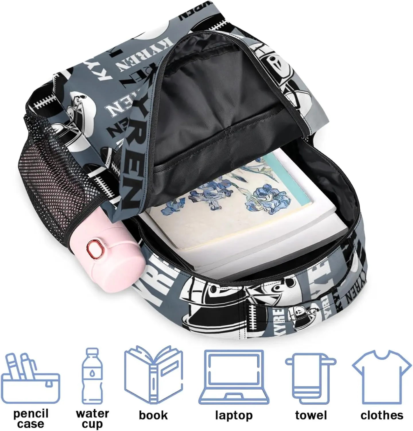 Custom Name Football Backpack for Men Women, Personalized Sports Bag Backpack, Laptop Backpacks Daypack for Travel Camping, Black Grey