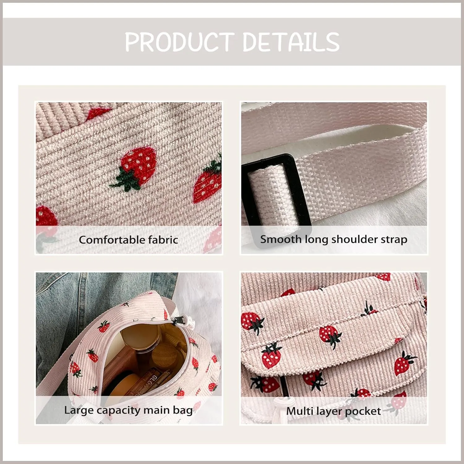 Cute Purses for Women Strawberry Bag Corduroy Tote Bag for Women Messenger Bag Cute Crossbody Bags Handbag
