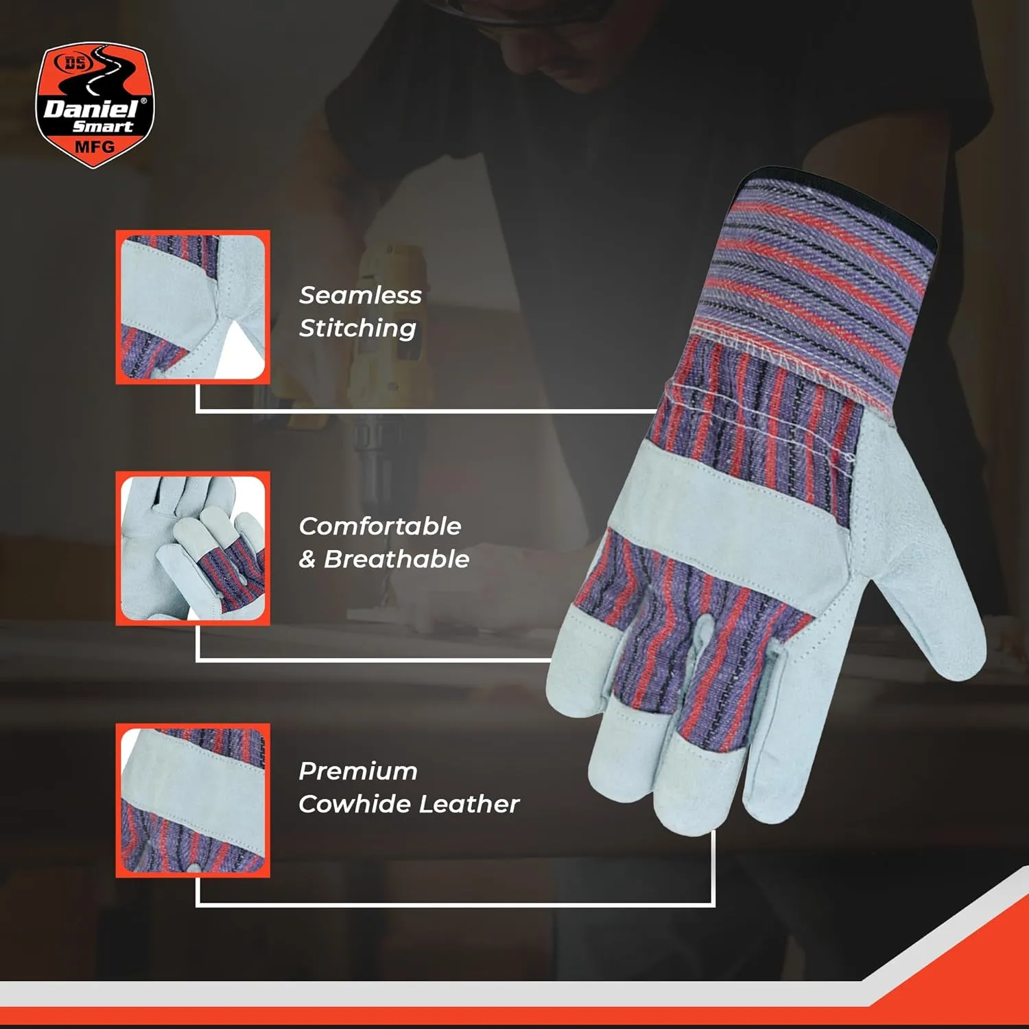 Daniel Smart All-Purpose Cowhide Leather Work Gloves Protective Hand Safety Gloves for Maximum Protection Durable & Comfort