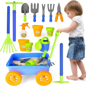 deAO Kids Garden Wagon Wheelbarrow and Gardening Tools Play Set Includes 10 Accessories and 4 Plant Pots,Great Outdoor Toddler Toys Kids Gardening Set