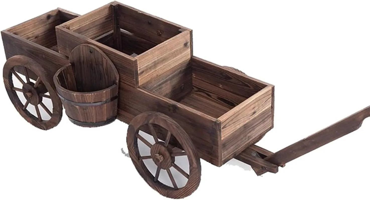 Decorative Creative Wood Rotatable Four-Wheeled Flower Pots Flower Wagon Flower Box Outdoor Patio Decorative Flower Stand Indoor