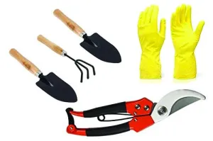 DeoDap Gardening Tools - Reusable Rubber Gloves, Pruners Scissor(Flower Cutter) & Garden Tool Wooden Handle (3pcs-Hand Cultivator, Small Trowel, Garden Fork)