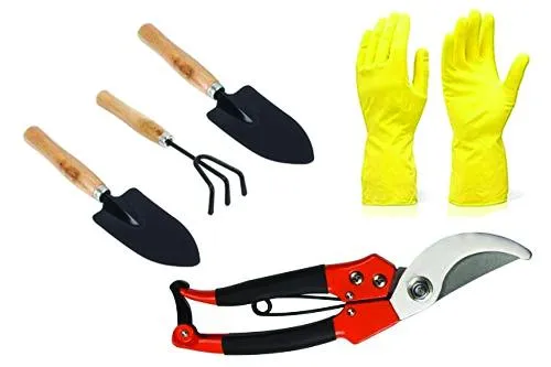 DeoDap Gardening Tools - Reusable Rubber Gloves, Pruners Scissor(Flower Cutter) & Garden Tool Wooden Handle (3pcs-Hand Cultivator, Small Trowel, Garden Fork)