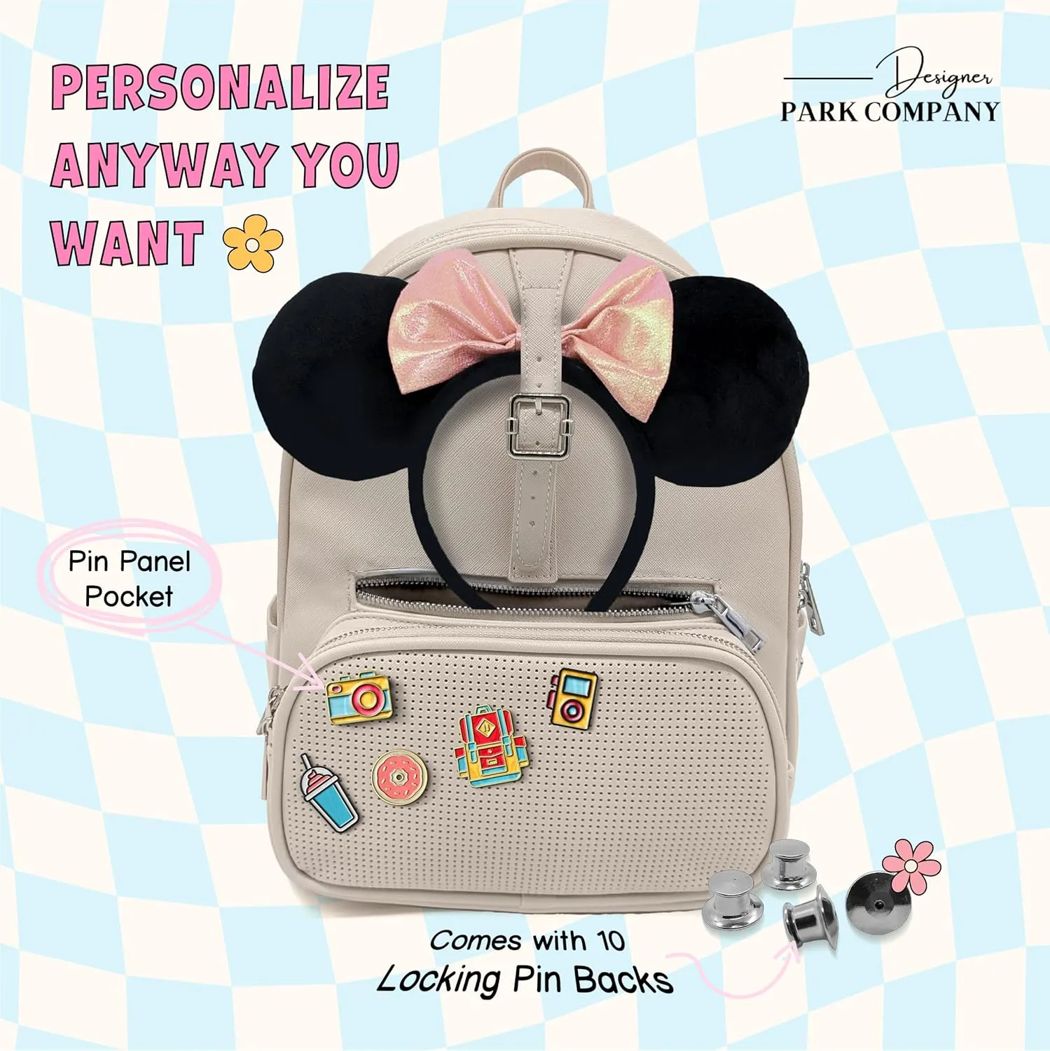 Designer Park Company - Rope Drop Backpack, Stylish Leather for Theme Park or Travel, Girls w/Adjustable Strap, Hydration Kit & Locking Pins - Vanilla Vibes