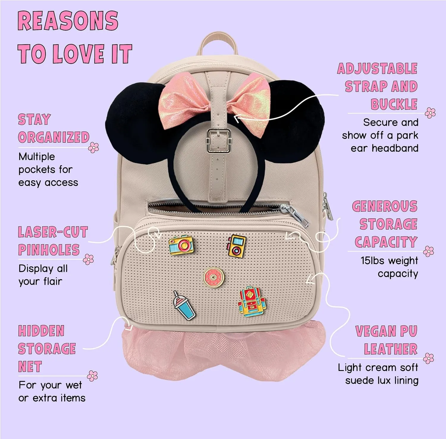 Designer Park Company - Rope Drop Backpack, Stylish Leather for Theme Park or Travel, Girls w/Adjustable Strap, Hydration Kit & Locking Pins - Vanilla Vibes