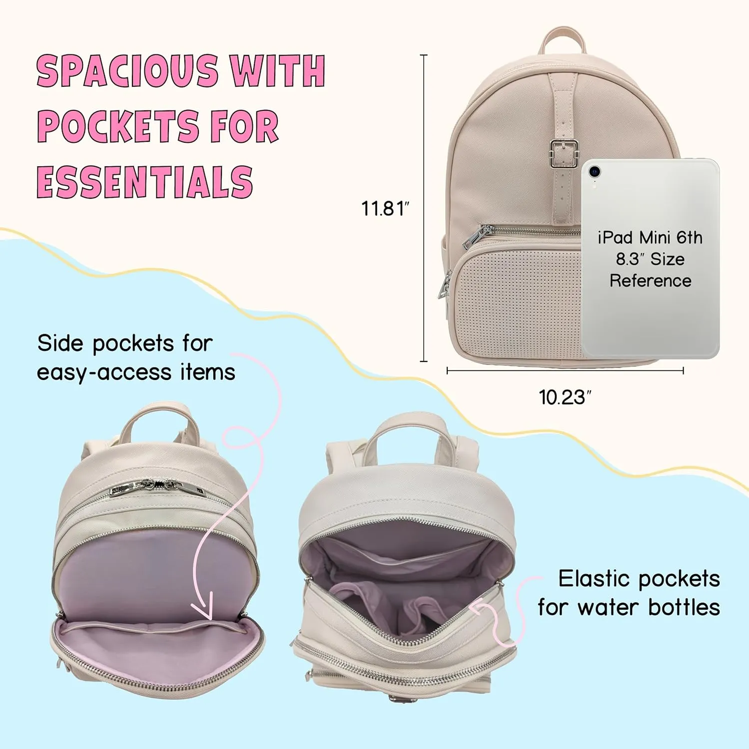 Designer Park Company - Rope Drop Backpack, Stylish Leather for Theme Park or Travel, Girls w/Adjustable Strap, Hydration Kit & Locking Pins - Vanilla Vibes