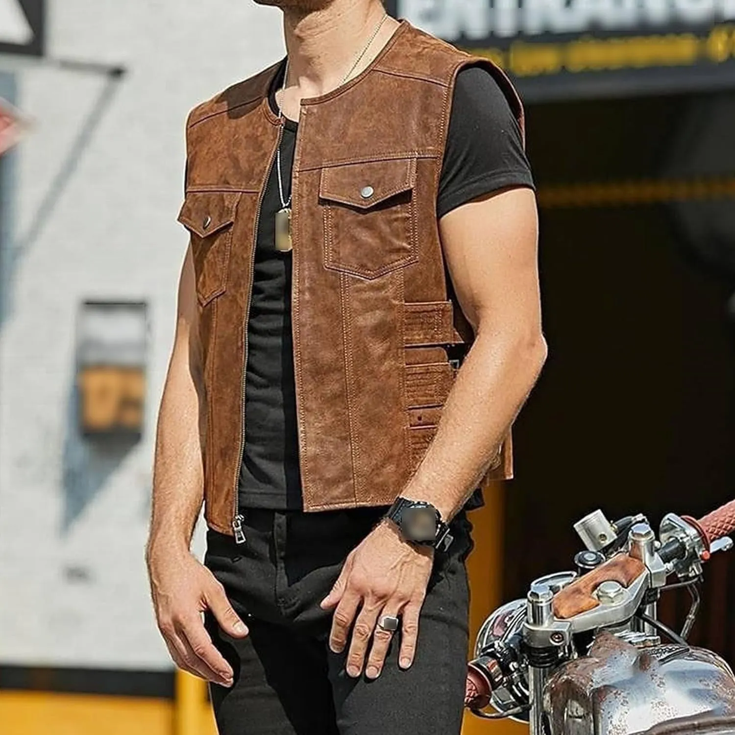 DGHM-JLMY Men's Black Leather Collarless Vest Club Style Motorcycle Rider Waistcoat Vintage Sleeveless Zip Up Vest Jacket