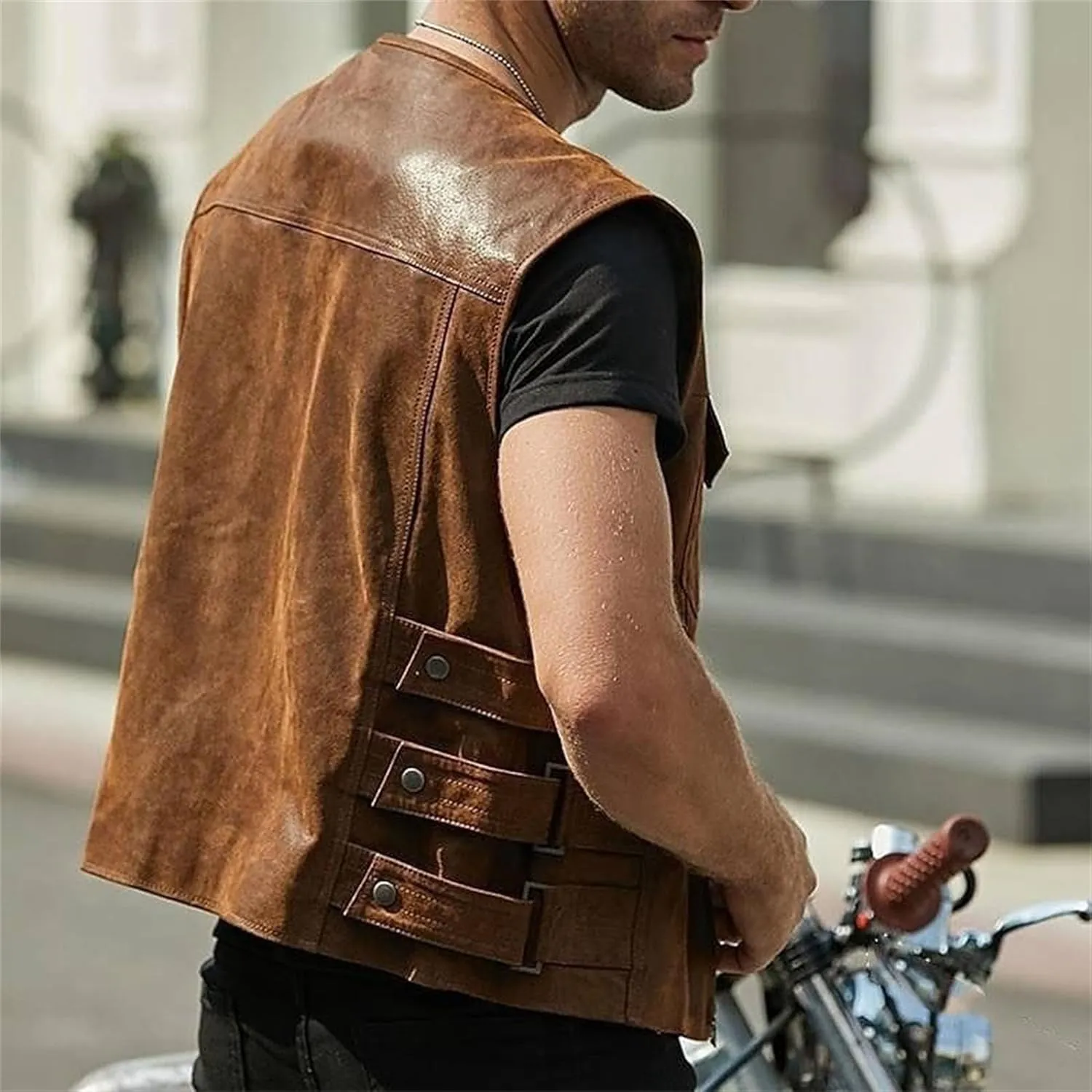 DGHM-JLMY Men's Black Leather Collarless Vest Club Style Motorcycle Rider Waistcoat Vintage Sleeveless Zip Up Vest Jacket