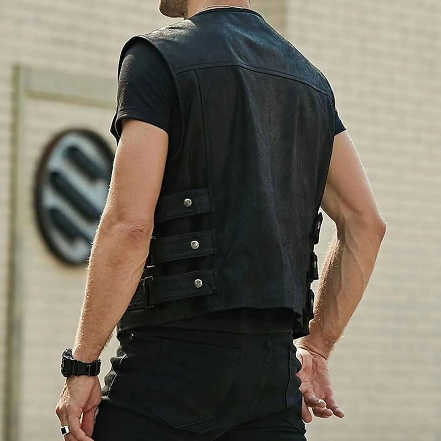 DGHM-JLMY Men's Black Leather Collarless Vest Club Style Motorcycle Rider Waistcoat Vintage Sleeveless Zip Up Vest Jacket