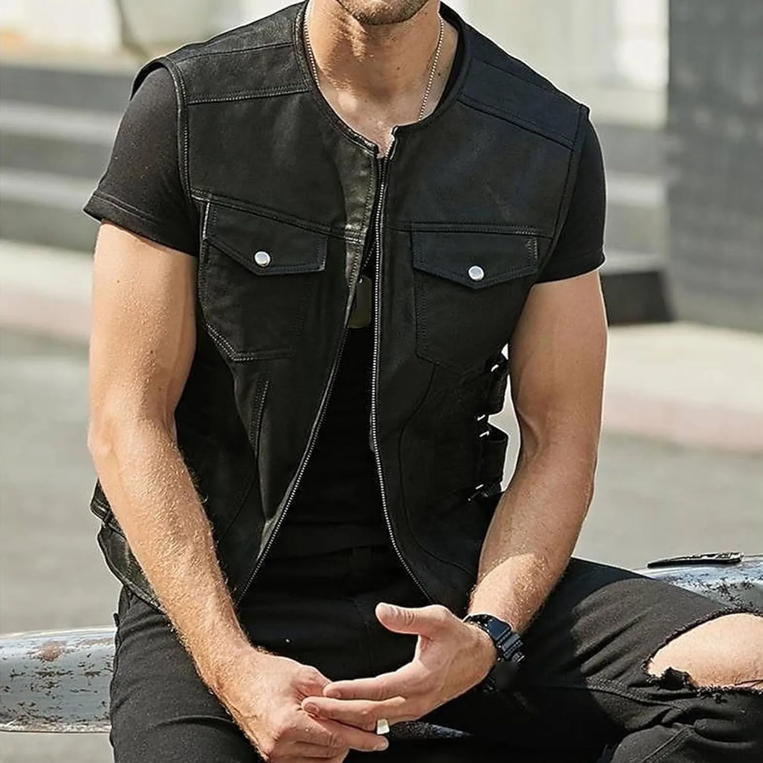 DGHM-JLMY Men's Black Leather Collarless Vest Club Style Motorcycle Rider Waistcoat Vintage Sleeveless Zip Up Vest Jacket