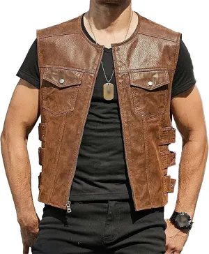 DGHM-JLMY Men's Black Leather Collarless Vest Club Style Motorcycle Rider Waistcoat Vintage Sleeveless Zip Up Vest Jacket