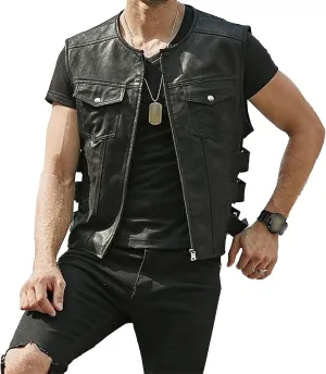 DGHM-JLMY Men's Black Leather Collarless Vest Club Style Motorcycle Rider Waistcoat Vintage Sleeveless Zip Up Vest Jacket