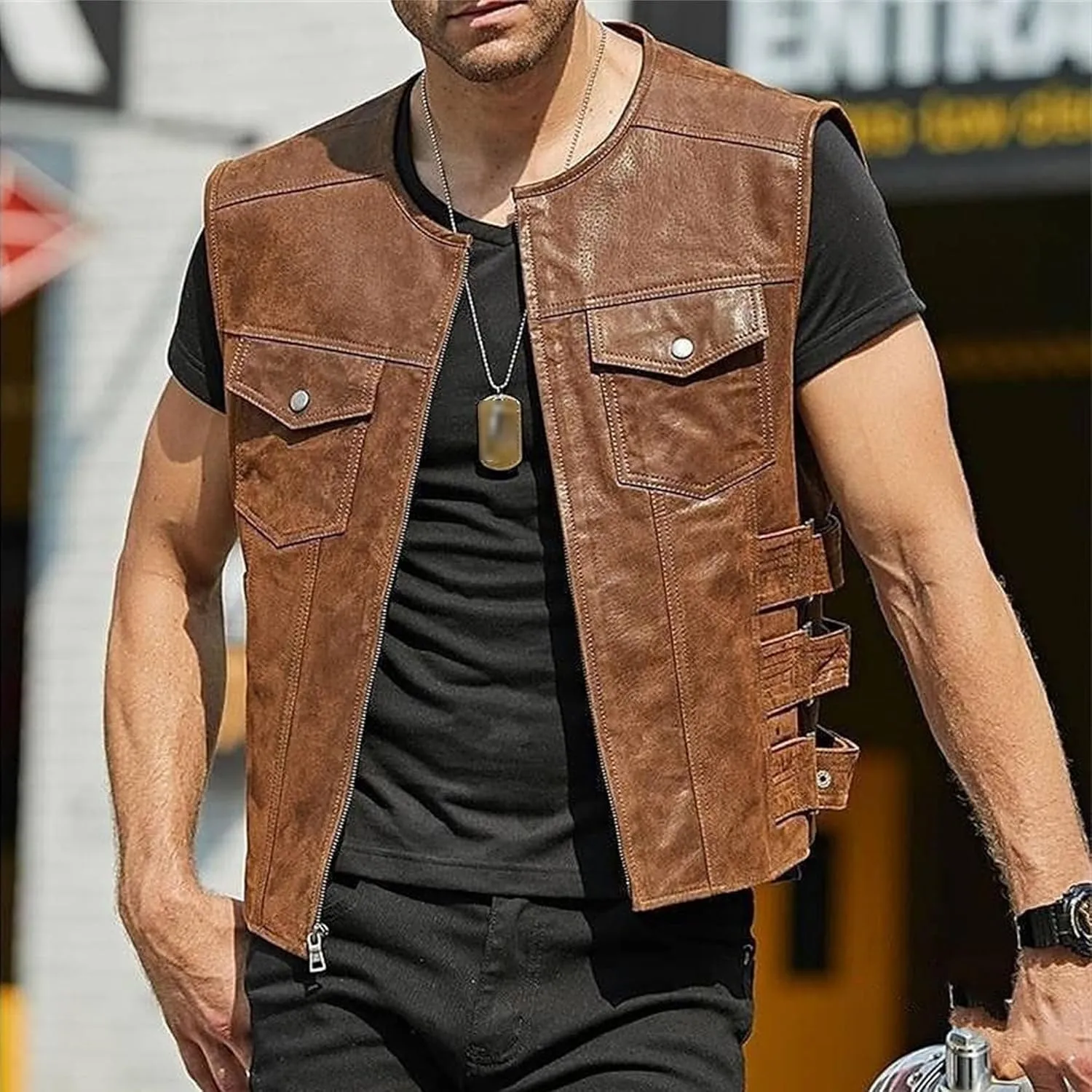 DGHM-JLMY Men's Black Leather Collarless Vest Club Style Motorcycle Rider Waistcoat Vintage Sleeveless Zip Up Vest Jacket
