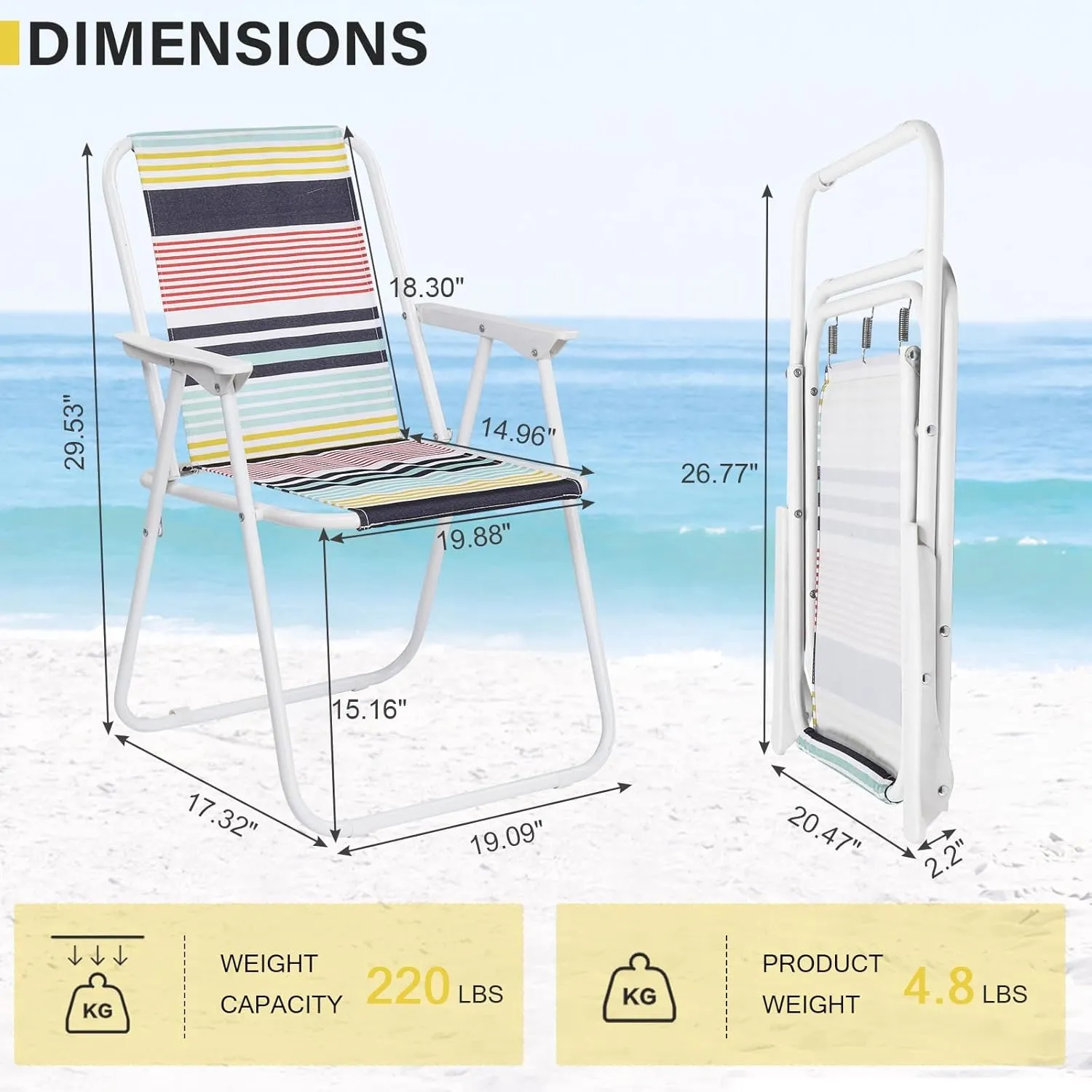 DHAEY 2 Pcs Heavy-Duty Folding Beach Chair, 220 LBS Capacity, Compact & Easy Carry – Comfortable for Outdoor Relaxation at Park, Concert, Picnic, Camping, Poolside, Easy Setup, Colorful Stripes