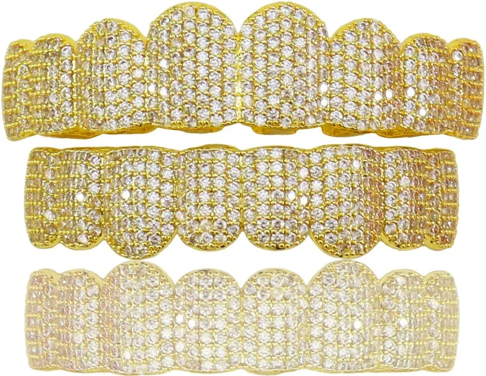 Diamond Grills for Your Teeth 14K Gold Plated Iced Out Mouth 8 Teeth Grillz Top Bottom Tooth Caps Hip Hop Bling Gold Silver Grill for Halloween Costume Cosplay Men Women Jewelry