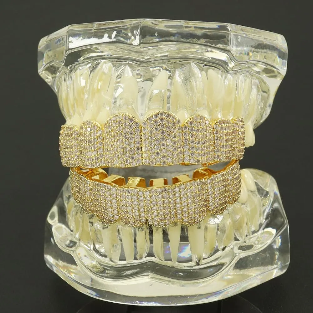 Diamond Grills for Your Teeth 14K Gold Plated Iced Out Mouth 8 Teeth Grillz Top Bottom Tooth Caps Hip Hop Bling Gold Silver Grill for Halloween Costume Cosplay Men Women Jewelry
